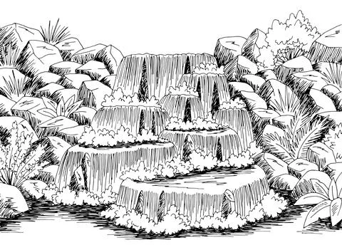 Waterfall graphic black white river landscape sketch illustration vector Stock Illustration