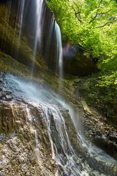 Waterfall in a green forest cascading down onto bare rock Photos