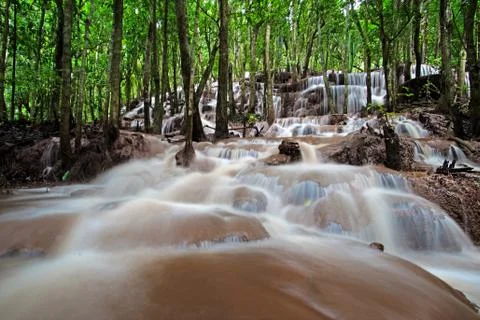 Waterfall in green forest Stock Photos