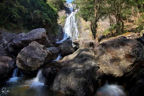 Waterfall in green forest Stock Photos