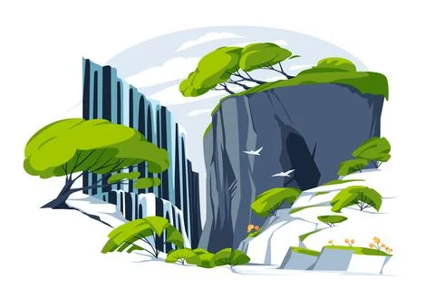 Waterfall in green rock. vector illustration. Flat colorful panoramic landscape  Stock Illustration