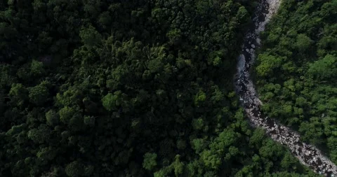 Waterfall in green tree tropical rainforest with mountain aerial view Stock Footage 134450387