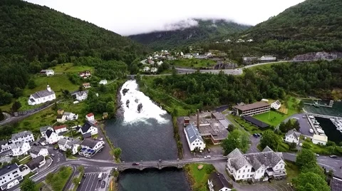 Waterfall Hellesyltfossen aerial view moving forward - NORWAY - Hellesylt - Video stock 52631028