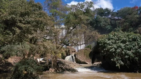 Waterfall Hidden Behind the Trees Vietnam Aerial Drone Shot Stock Footage 124353442