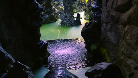 Waterfall Inside Cave at Quinta da Regaleira Gardens in Sintra Portugal Stock Footage 328144719