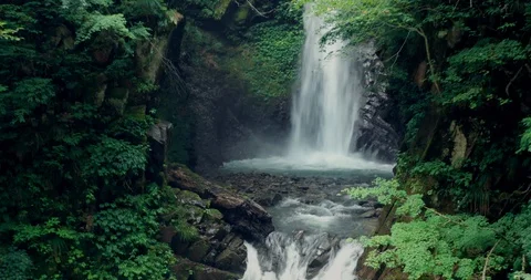 Waterfall in Japanese Forest - Daisen Falls, Japan - Drone Zoom Out Shot Stock Footage