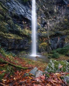 Waterfall of the jets in the clearing of a forest in Courel Stock Photos