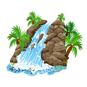 Waterfall in jungle isolated on white background. Waterfall and palm trees. Stock Illustration