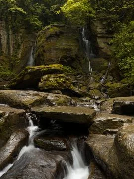 Waterfall into jungle 库存照片