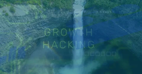 Waterfall landscape with Growth Hacking text and digital data overlay animation Stock Footage 305044336
