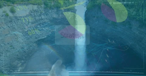Waterfall landscape with Strategy text and data processing animation overlay Stock Footage 304959683
