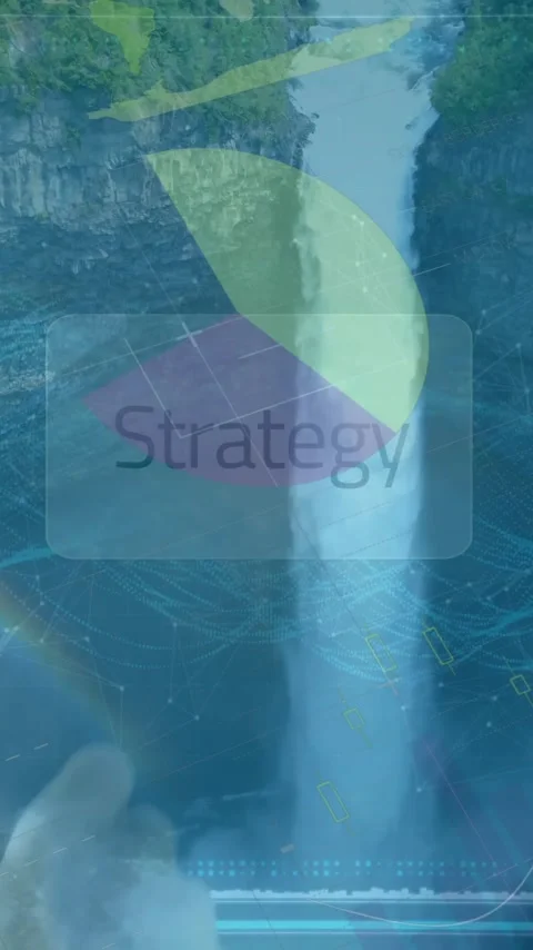 Waterfall landscape with Strategy text and data processing animation overlay Stock Footage 319055879