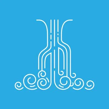 Waterfall in a linear style isolated on a blue background Illustrazione stock