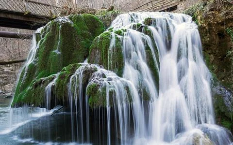 A waterfall with a long exposure time, located in Romania Stock Photos