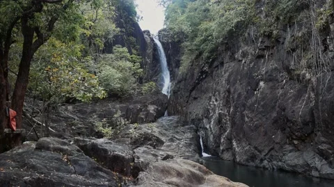 Waterfall with lush vegetation. . Khlong Phlu waterfall in Koh Chang, Thailand. Stock Footage 232907331