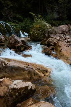 A waterfall makes its way through stones in forest, green trees and rocks, clear Stock Photos