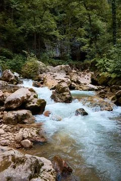 A waterfall makes its way through stones in forest, green trees and rocks, clear Stock Photos