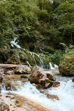 A waterfall makes its way through stones in forest, green trees and rocks, clear Stock Photos