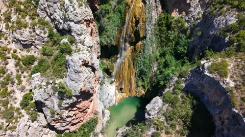 Waterfall in the Mediterranean environment, aerial video Stock Footage 344054161