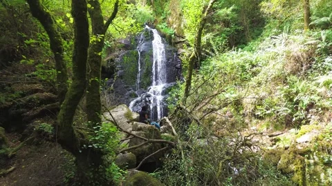 Waterfall in the middle of the forest or woods and girl relaxing in nature Vidéo 285767850