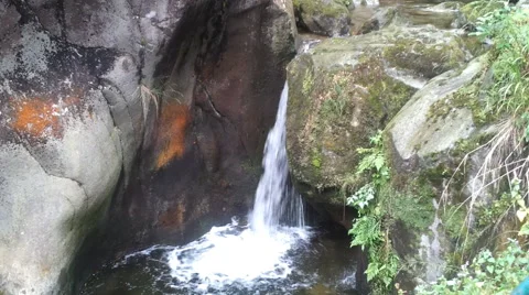 Waterfall middle height white water on dark brown rocks background Stock Footage 50238522