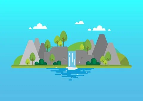 Waterfall mountain beautiful landscape flat style Stock Illustration