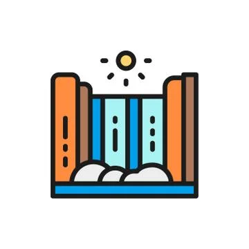Waterfall with mountain landscape flat color line icon. イラスト素材