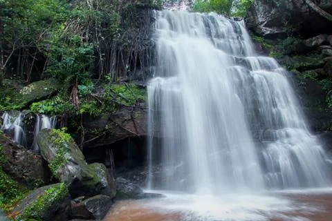 Waterfall mountain landscape select focus with fair light, Waterfall in mount Stock Photos