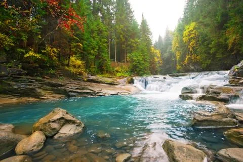 Waterfall on mountain river in the forest Stock Photos