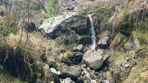 Waterfall mountain river Himalayas Nepal. Water falling rocks. Nature hd video Stock Footage 64828680