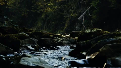 Waterfall on a mountain river, medium close-up Stockbeeldmateriaal 253467504