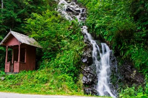 Waterfall on mountain river Stock Photos