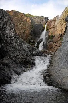 Waterfall on the mountain river 스톡 사진