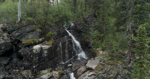 Waterfall from mountain river in summer forest among green trees Stock Footage 197353491