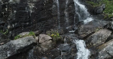 Waterfall from mountain river in summer forest among green trees Stock Footage 197353507