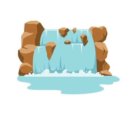 Waterfall , mountain river, water stream falling down from rock between stones Stock Illustration