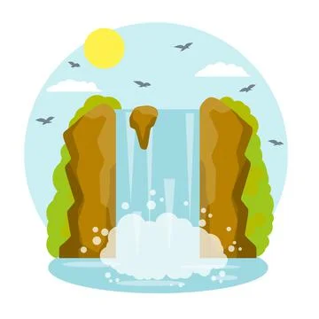 Waterfall on the mountain. Rocks and water. Tropical island. Stock Illustration