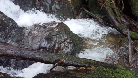Waterfall on a mountain spring stream near an old mill Stock Footage 236644643