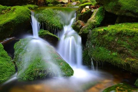 Waterfall on mountain stream. Stock Photos