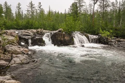 Waterfall on a mountain stream. Stock Photos