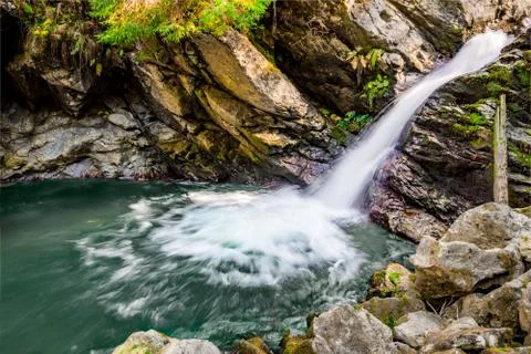 Waterfall mountain view close up. Mountain river waterfall landscape. Waterfa Stock Photos
