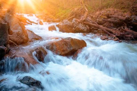 Waterfall mountain view close up. Mountain river waterfall landscape. Waterfa Stock Photos