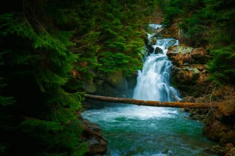 Waterfall mountain view close up. Mountain river waterfall landscape. Waterfa Stock Photos