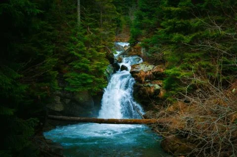 Waterfall mountain view close up. Mountain river waterfall landscape. Waterfa Stock Photos