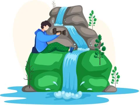 Waterfall in mountaines natural landscape in park. Man photographing water flow Stock Illustration