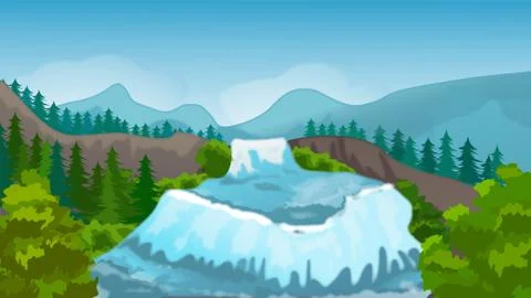 Waterfall in the mountains surrounded by forest. Landscape. Vector illustration 스톡 일러스트