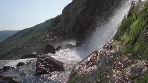Waterfall in the mountains with water splashes. Ural mountains Stock Footage 269562835