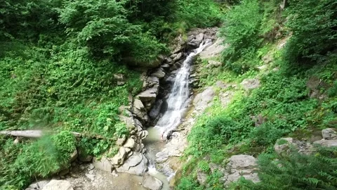 Waterfall in the mountains in the wild forest reserve. View of the flow of clear Stock-Footage 166379727
