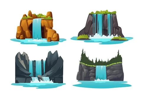 Waterfall nature elements set of flat cartoon vector illustration isolated. Illustrazione stock