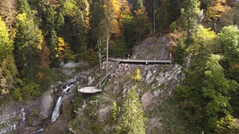 Waterfall, next to the observation deck. Aerial view from drone. Natural park. Stock Footage 169653547